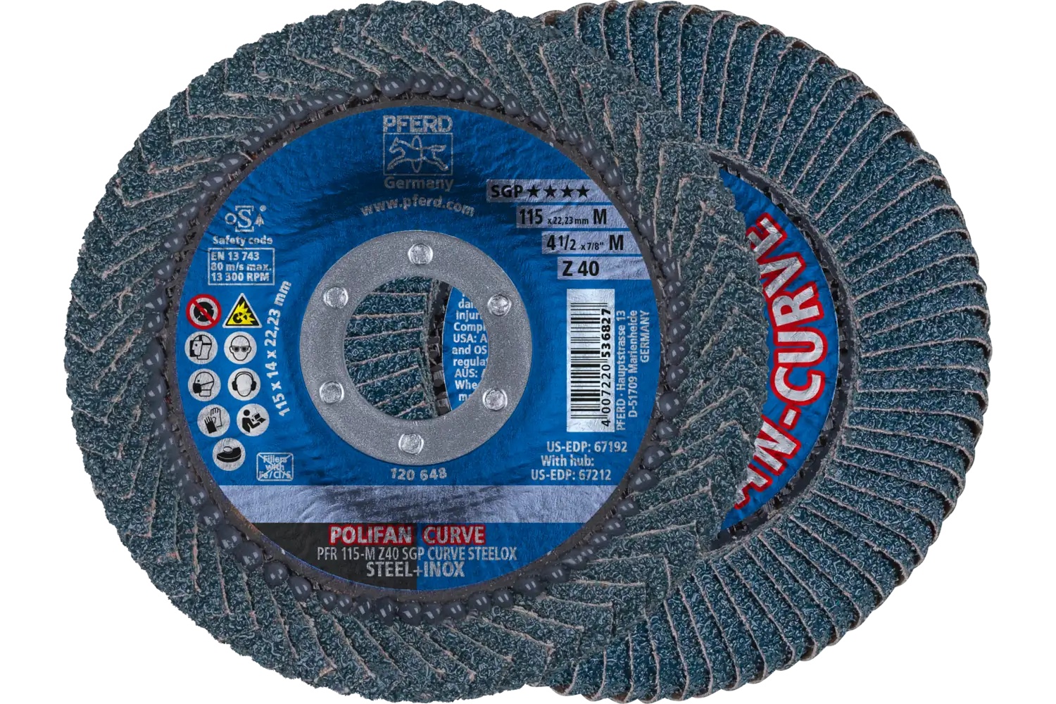 Picture of Pferd Flap Disc, 4-1/2"x 7/8, Z SGP Curve Steelox, 40 Grit, Medium Radius, Zirconia, 2 Pack